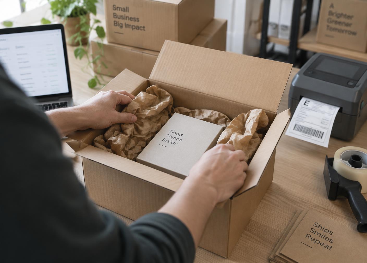 Webshop csomagolóállomás dobozokkal és térkitöltő anyaggal
